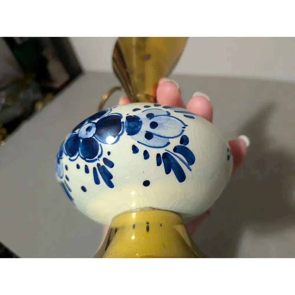 Vintage Blue Floral Delftware Brass Porcelain Pitcher Vase Holland Model # 2285